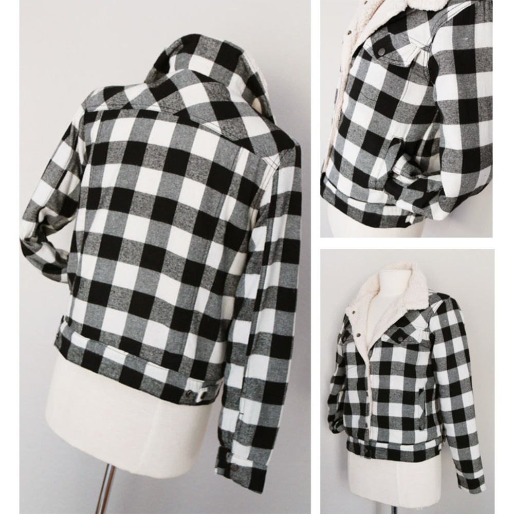 Black Buffalo Plaid Sherpa Trucker Flannel Jacket - Picture 7 of 8
